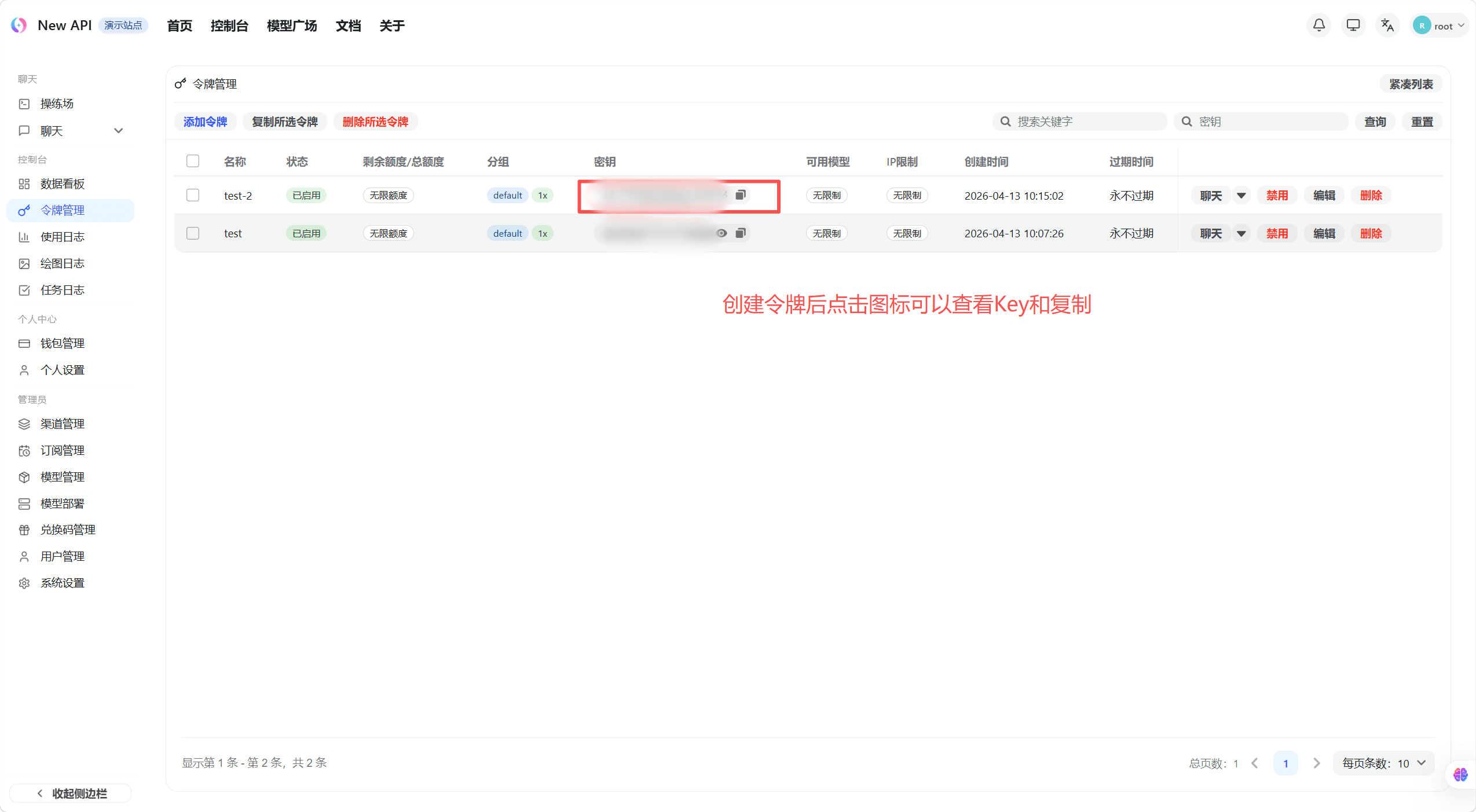 Token created successfully, showing full key