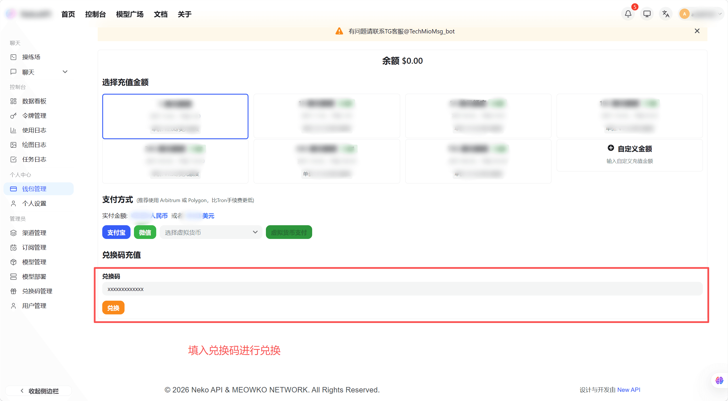Redemption code input area