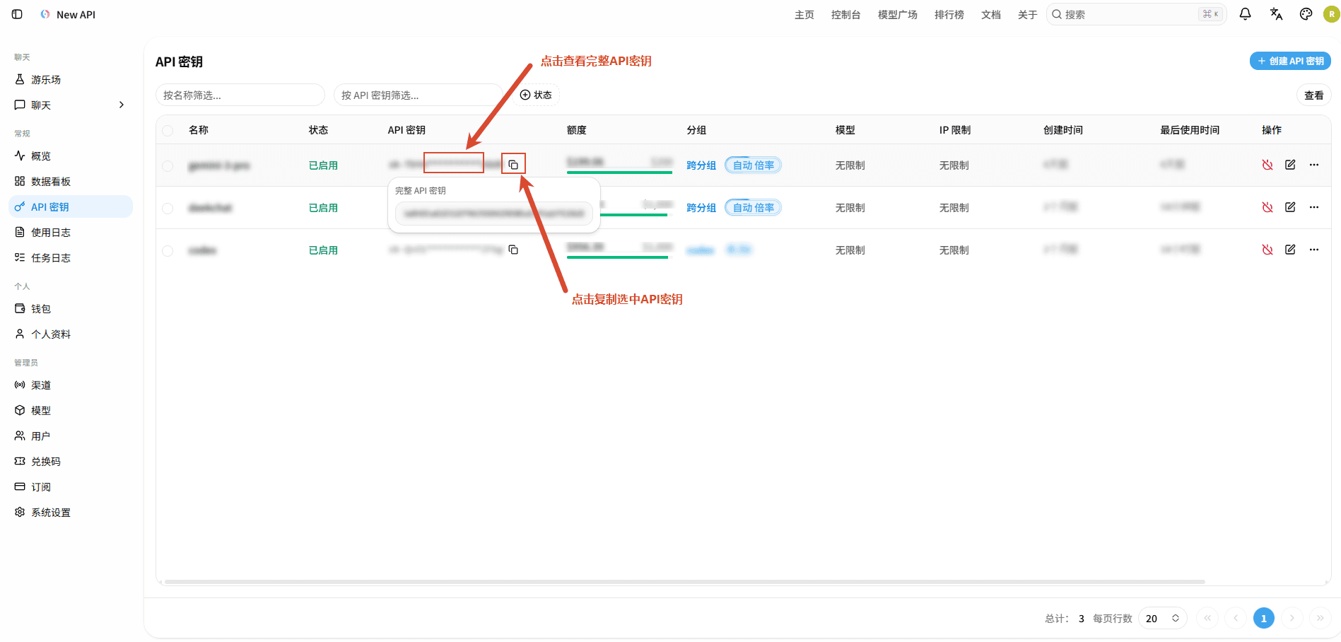 查看API密钥页